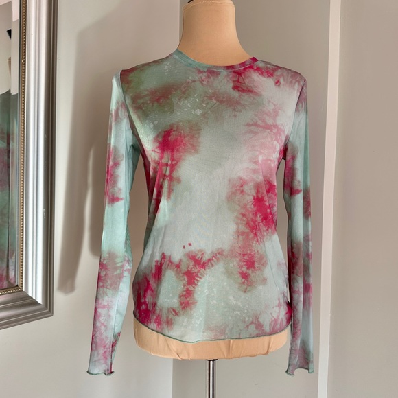 NWT ZARA Green Pink Tie Dye Mesh Long Sleeve Top M - Picture 6 of 14